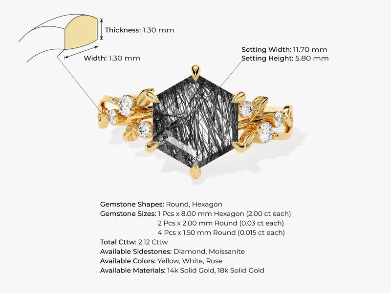 Hexagon Black Rutilated Quartz Nature-Inspired Engagement Ring with Moissanite Sidestones