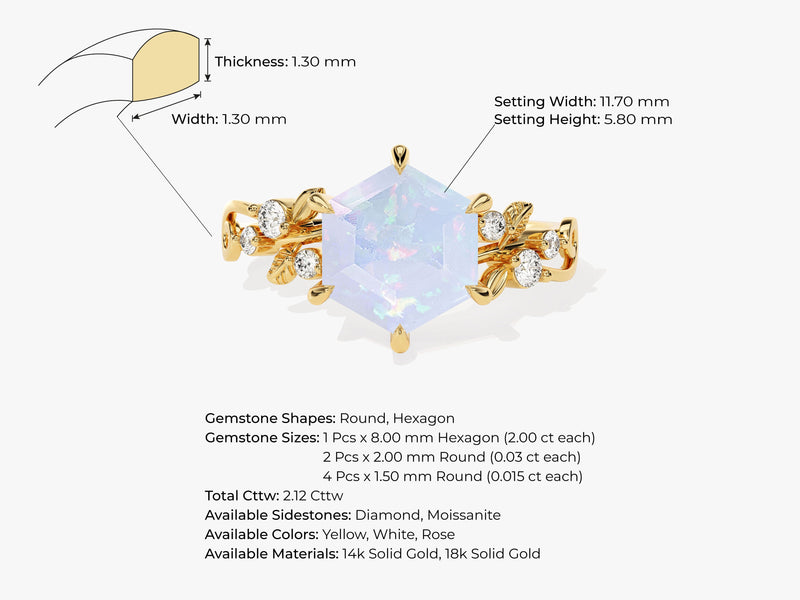 Hexagon Opal Nature-Inspired Engagement Ring with Moissanite Sidestones