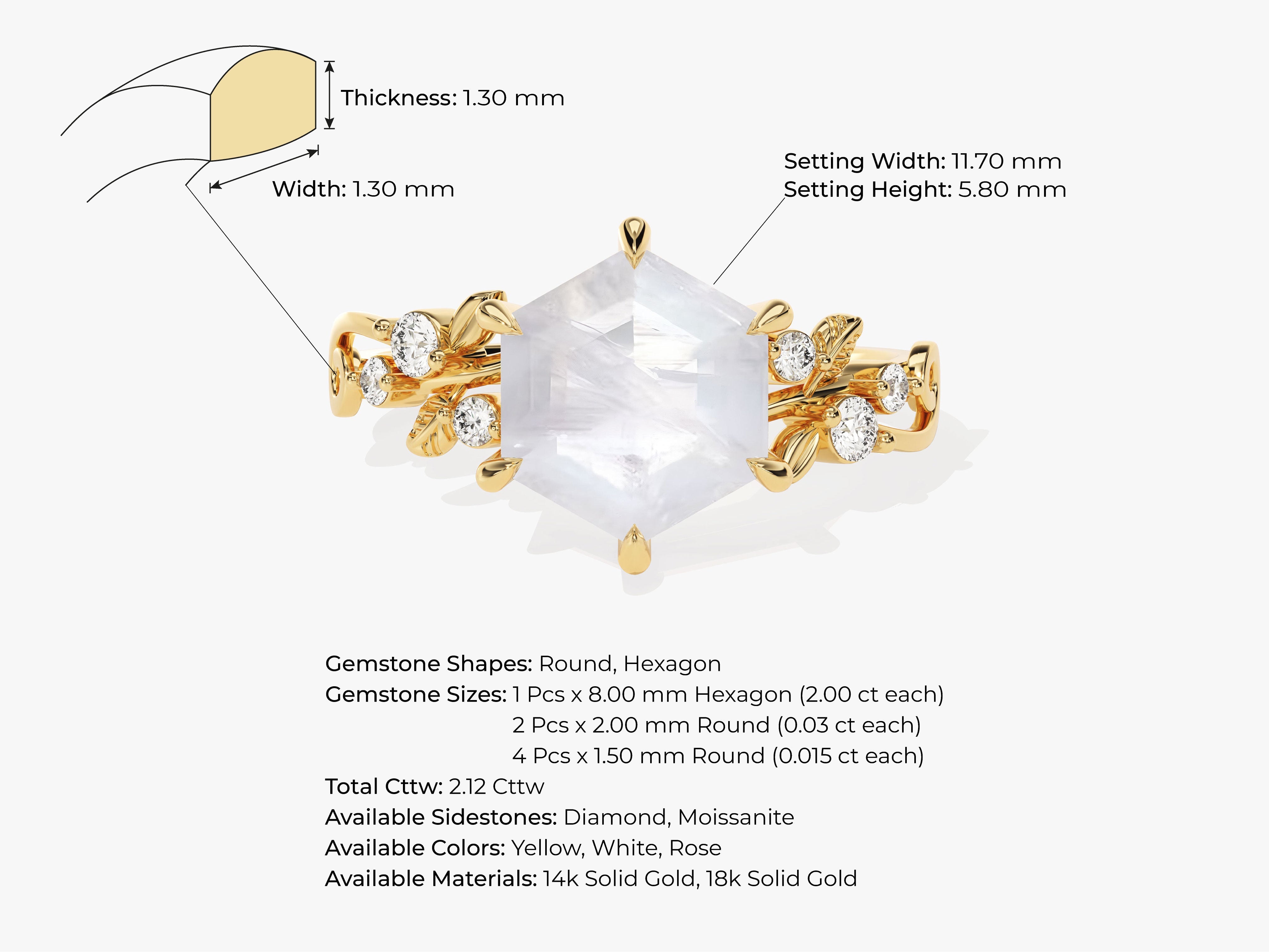 Hexagon Moonstone Nature-Inspired Engagement Ring with Moissanite Sidestones