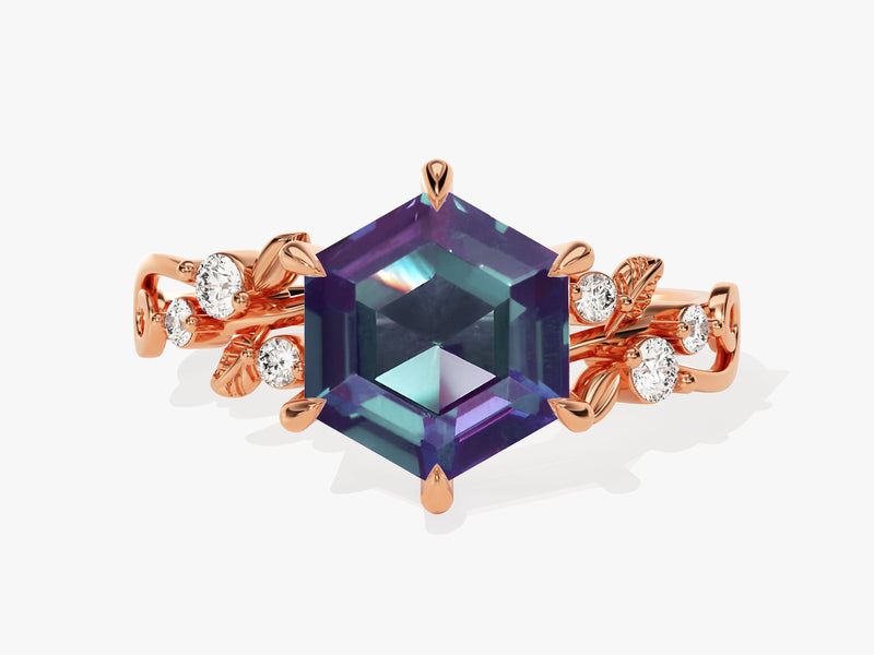 Hexagon Lab Alexandrite Nature-Inspired Engagement Ring with Moissanite Sidestones