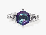 Hexagon Lab Alexandrite Nature-Inspired Engagement Ring with Moissanite Sidestones