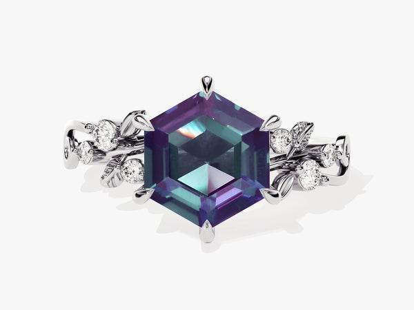 Hexagon Lab Alexandrite Nature-Inspired Engagement Ring with Moissanite Sidestones