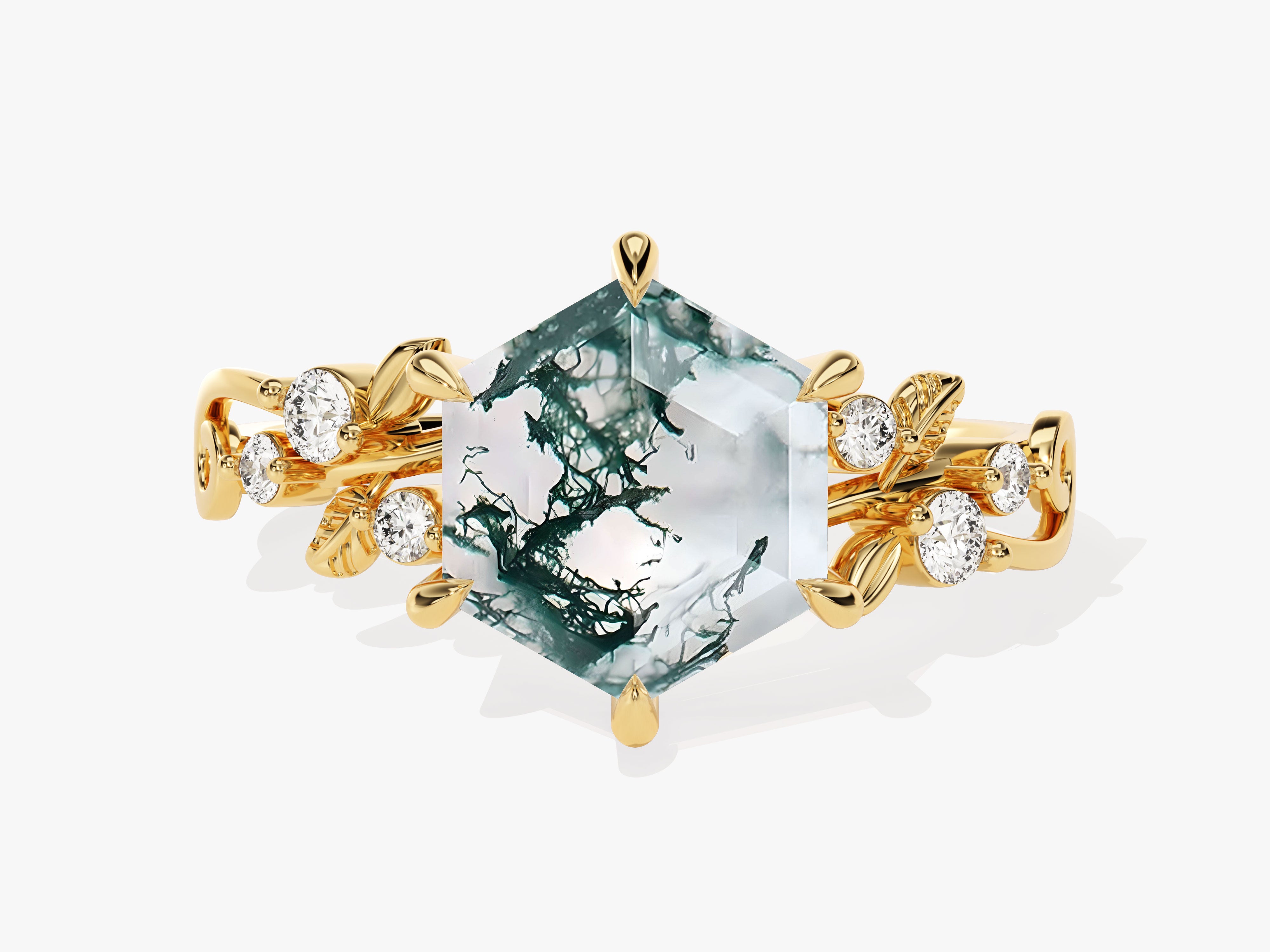 Hexagonal moss agate ring with diamonds and gold leaf design
