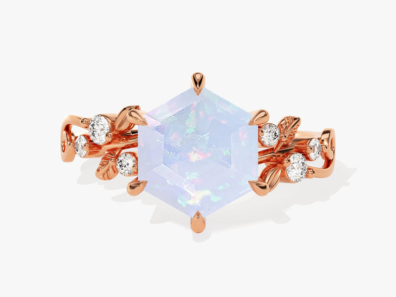 Hexagon Opal Nature-Inspired Engagement Ring with Moissanite Sidestones