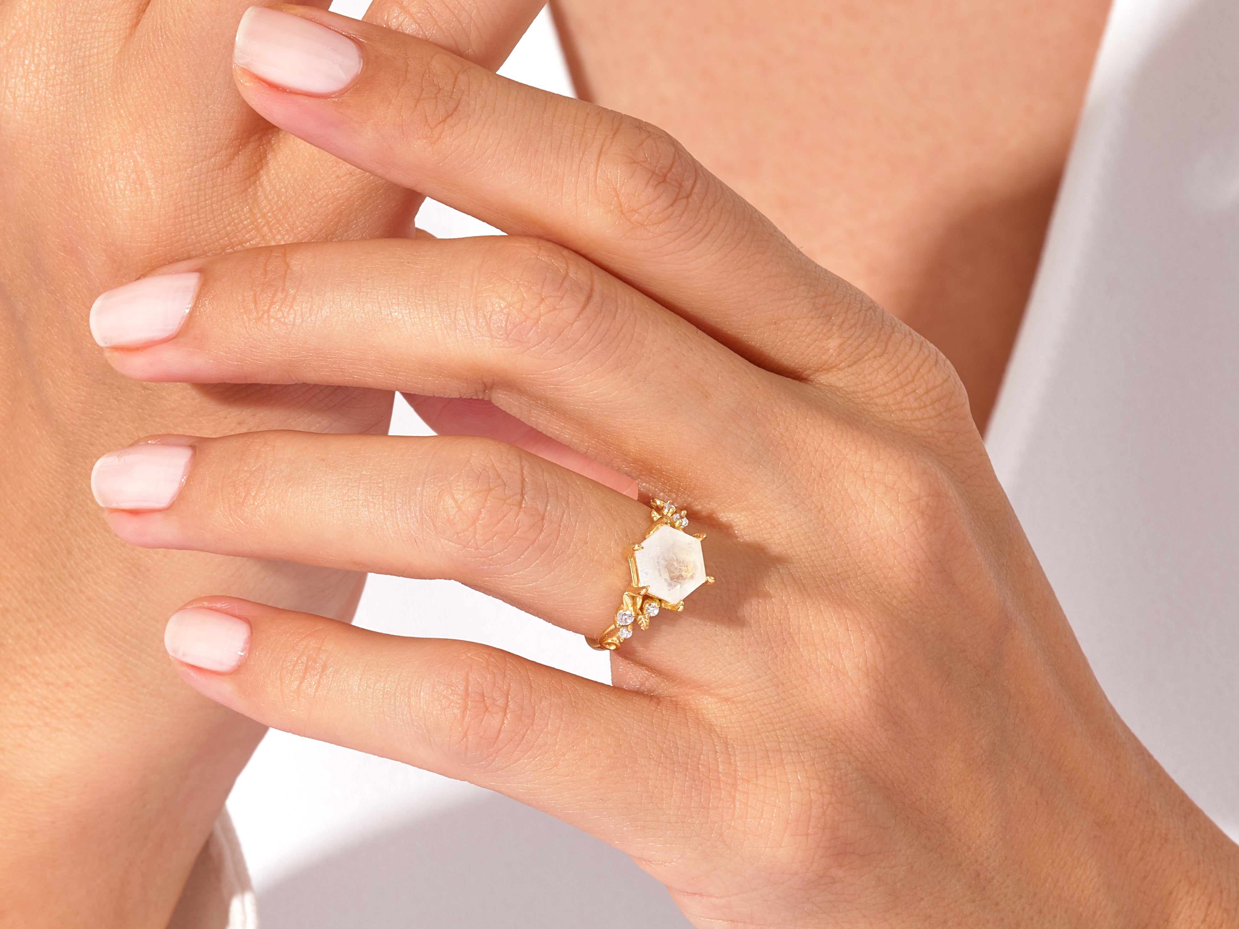 Hexagon Moonstone Nature-Inspired Engagement Ring with Moissanite Sidestones