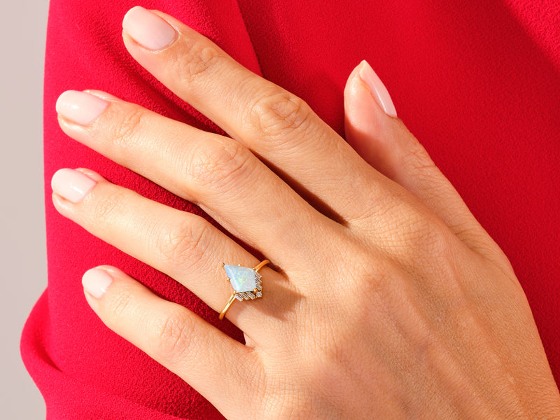 Kite Opal Engagement Ring with Baguette Moissanite Sidestones