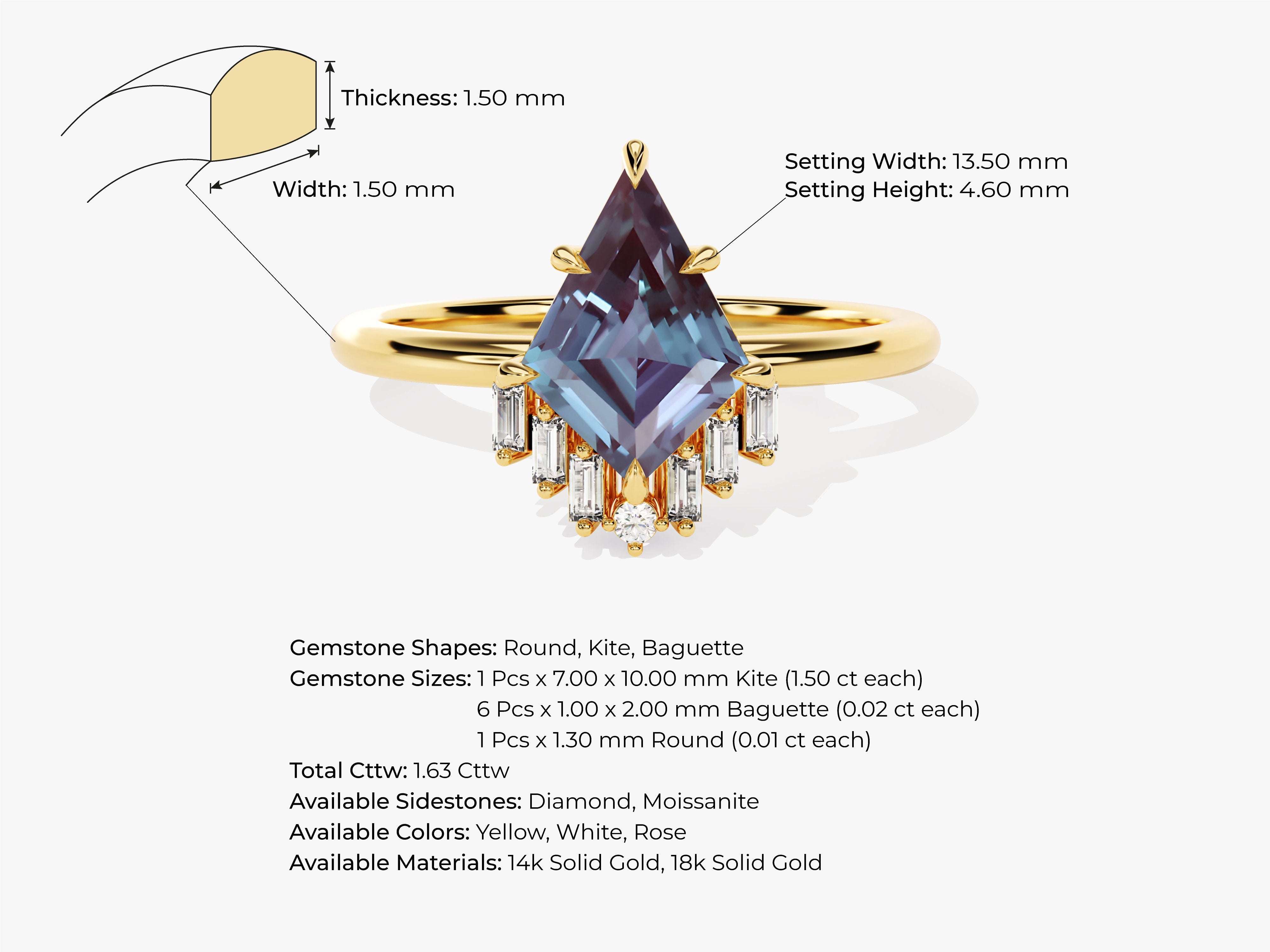 Kite Lab Alexandrite Engagement Ring with Baguette Moissanite Sidestones