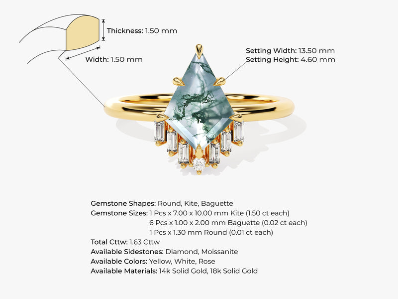 Kite Moss Agate Engagement Ring with Baguette Moissanite Sidestones