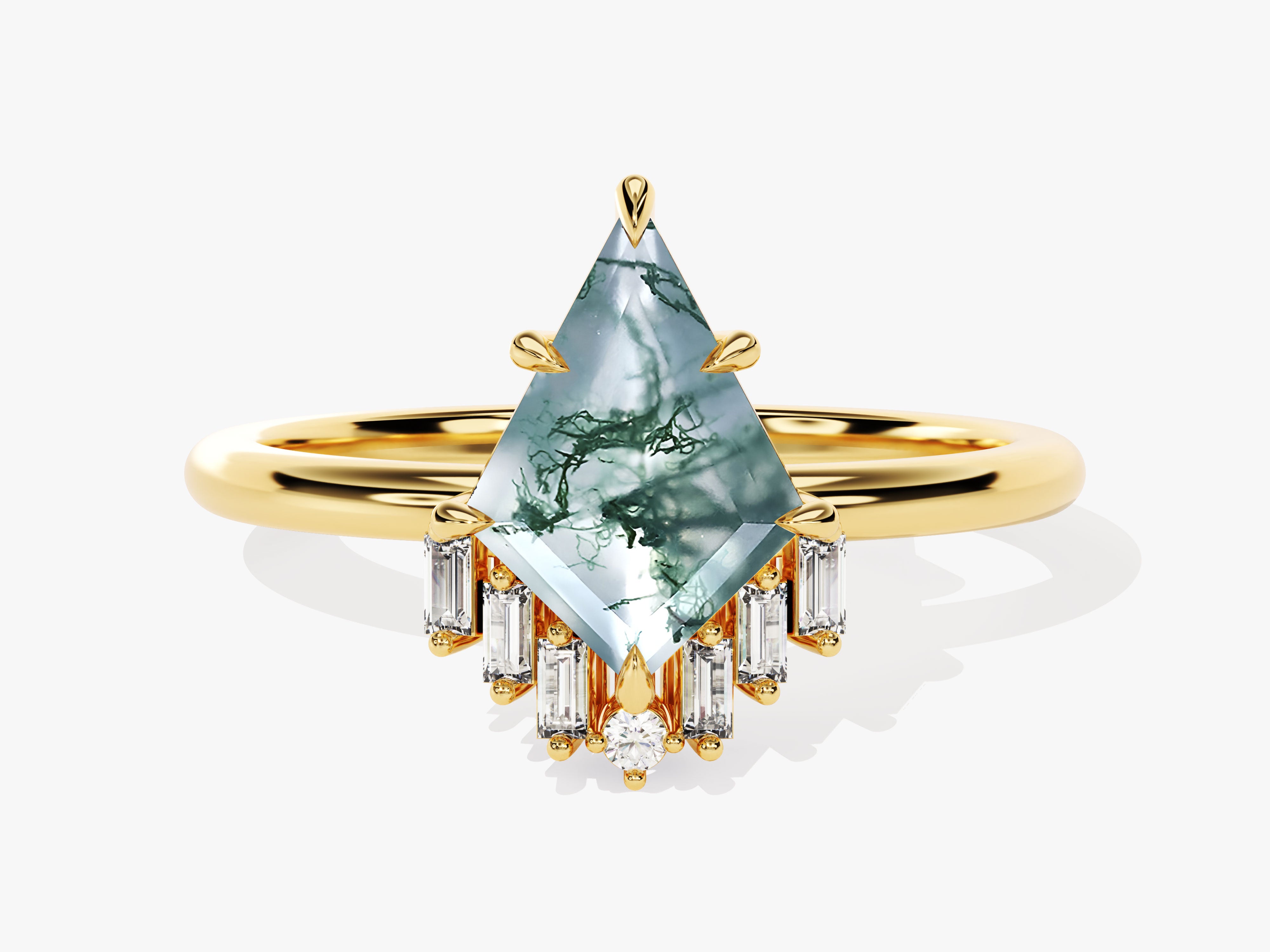 Gold ring with kite-cut moss agate and baguette diamonds