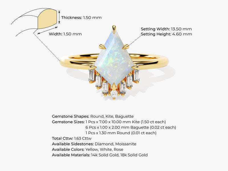 Kite Opal Engagement Ring with Baguette Moissanite Sidestones