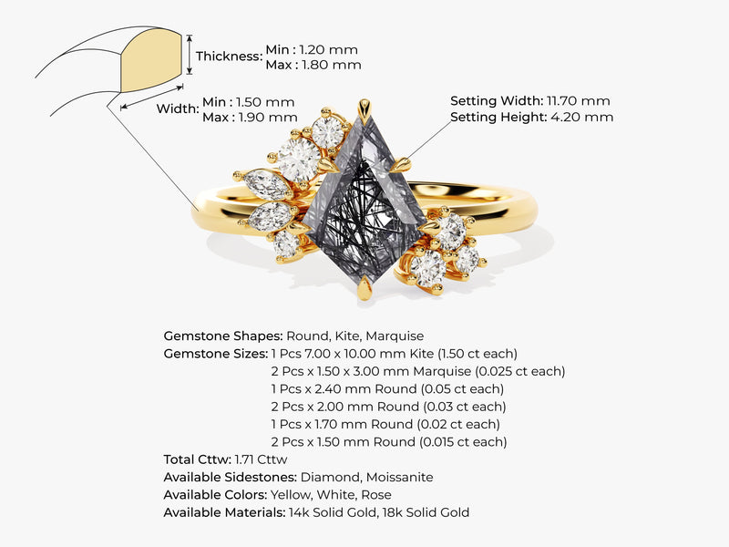 Kite Black Rutilated Quartz Engagement Ring with Moissanite Sidestones