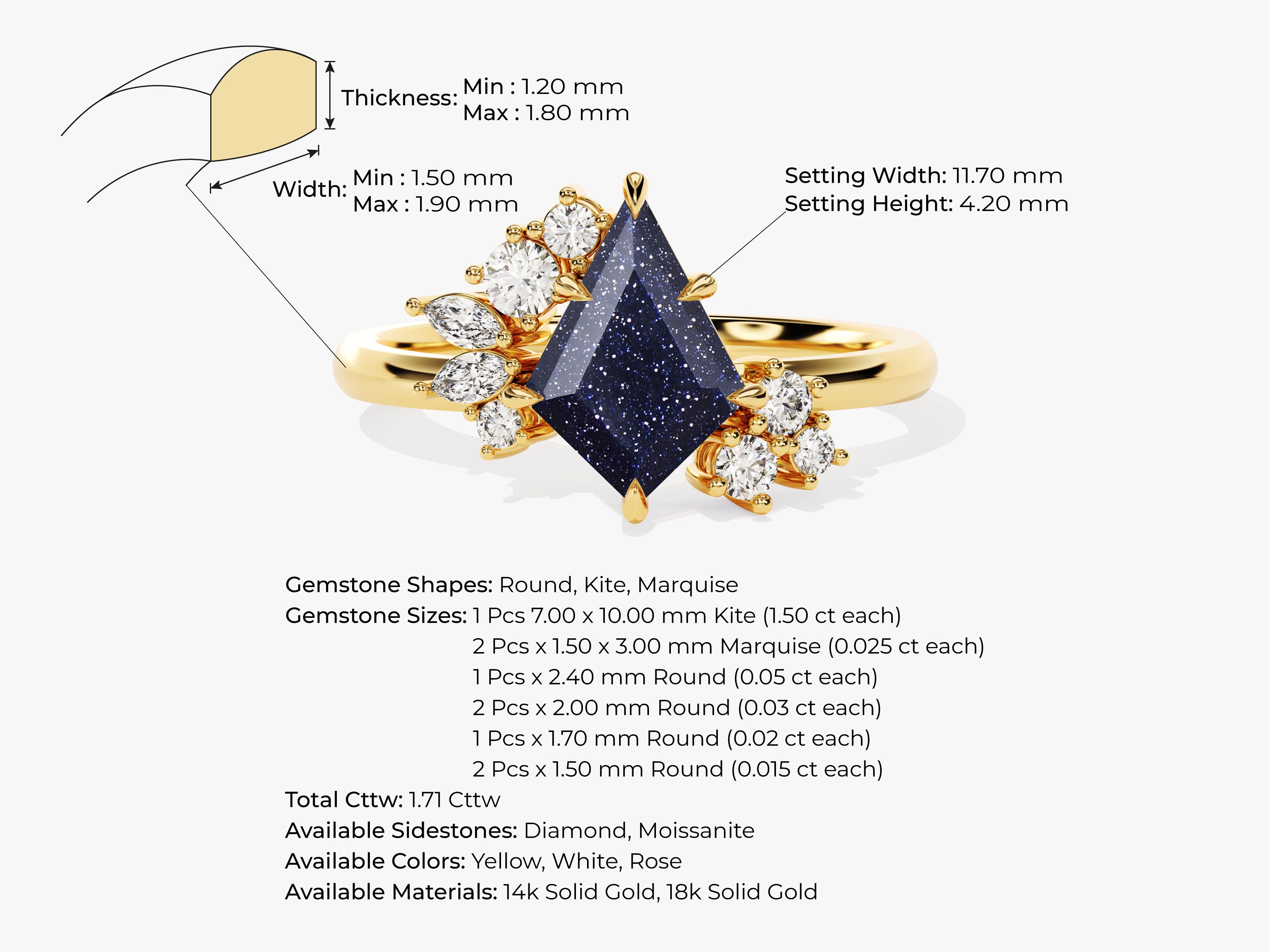 Kite Blue Sandstone Engagement Ring with Moissanite Sidestones