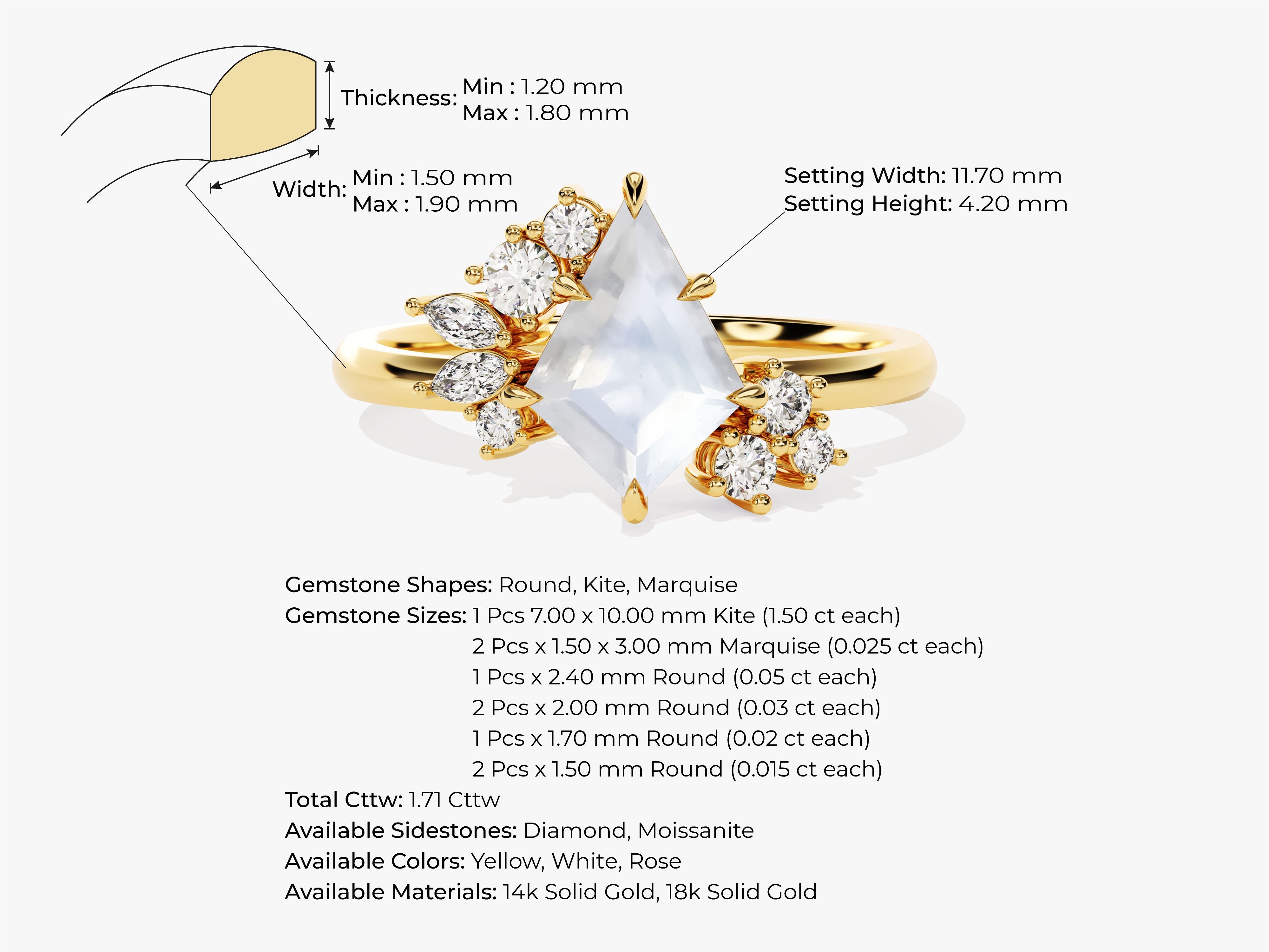 Kite Moonstone Engagement Ring with Moissanite Sidestones