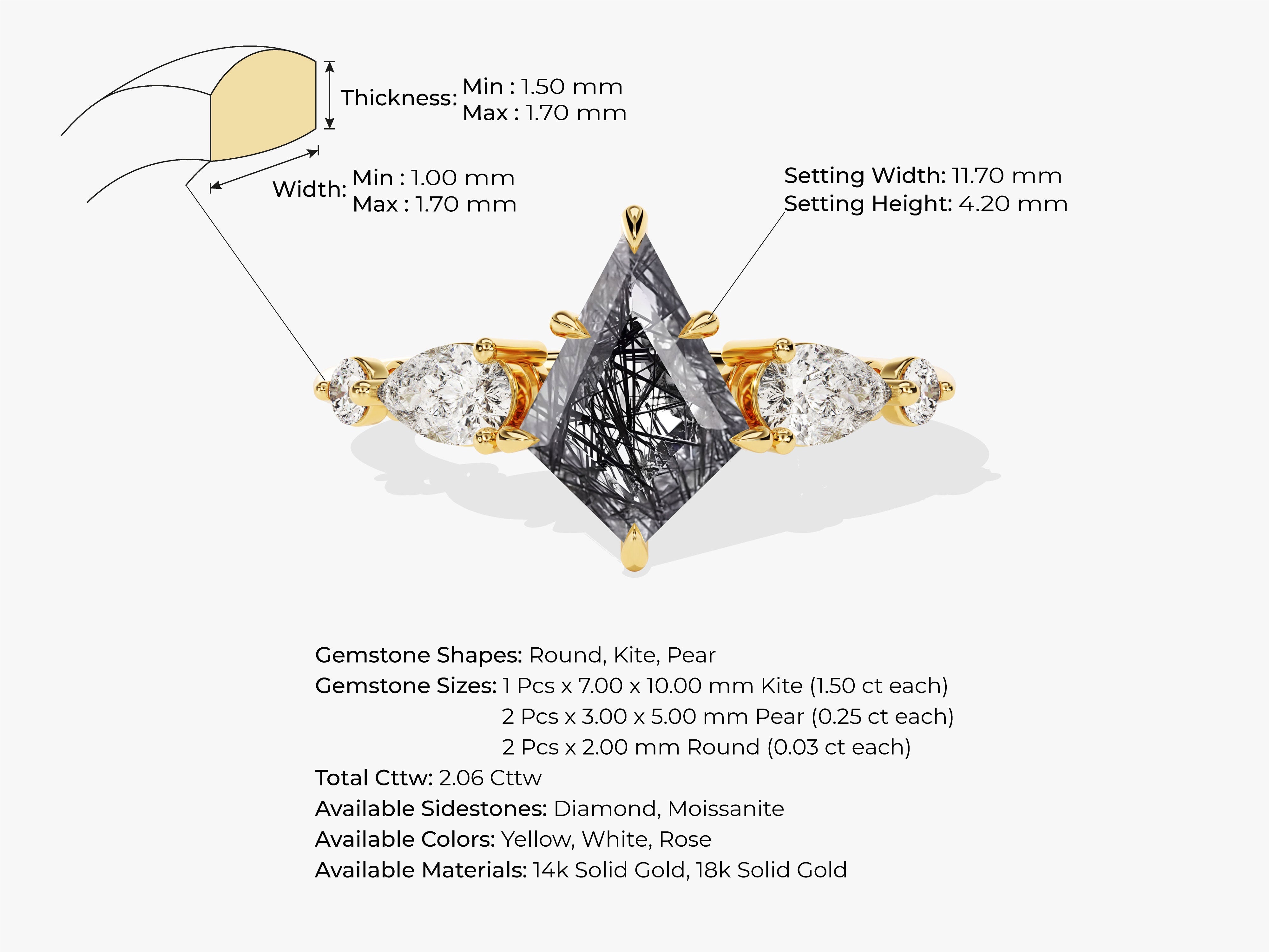 Kite Black Rutilated Quartz Engagement Ring with Pear Moissanite Sidestones