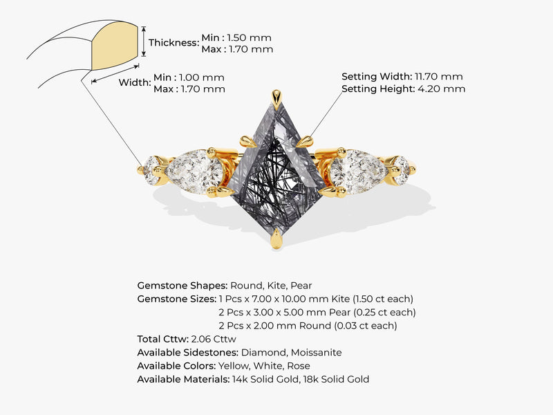 Kite Black Rutilated Quartz Engagement Ring with Pear Moissanite Sidestones