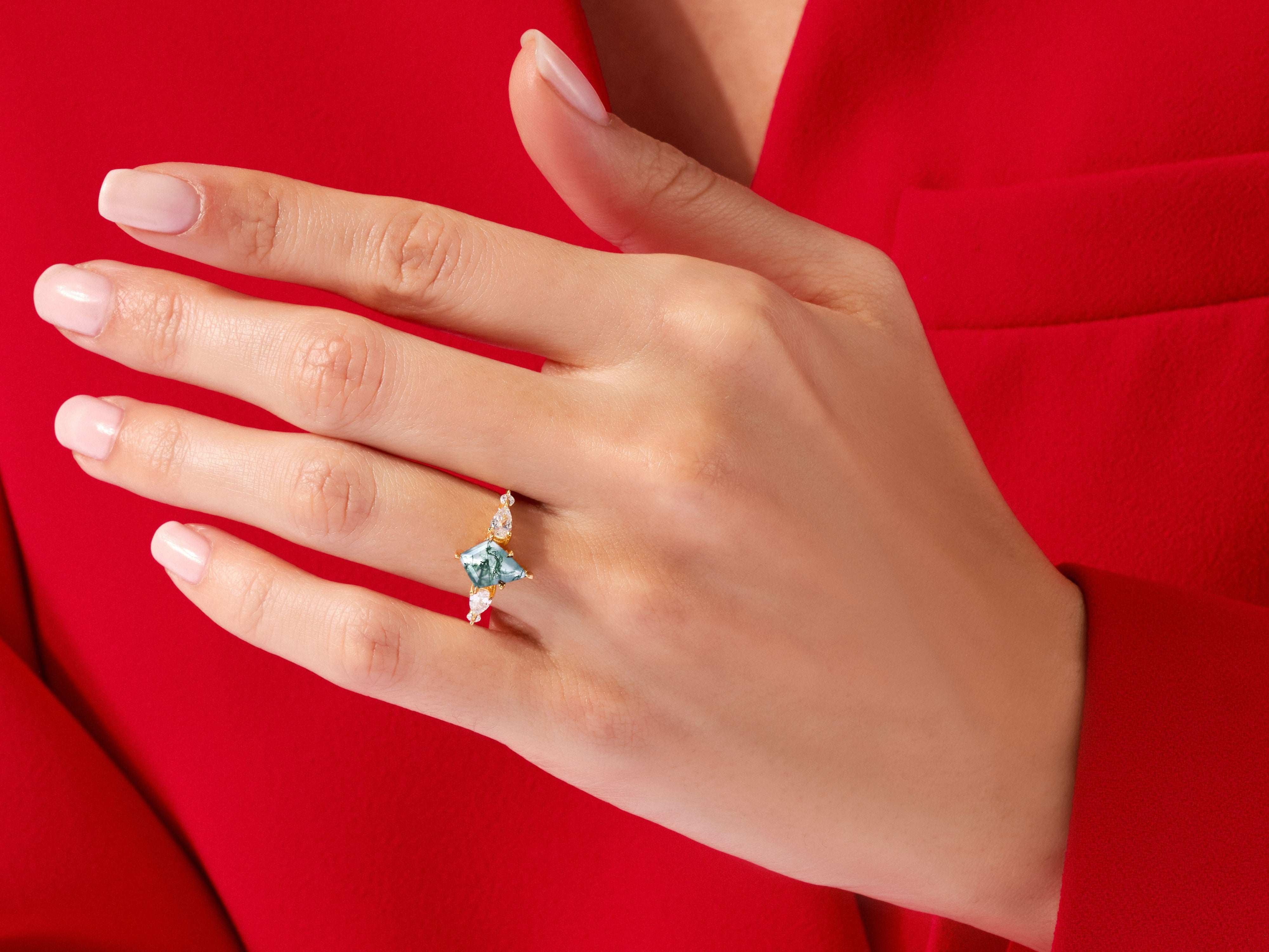 Kite Moss Agate Engagement Ring with Pear Moissanite Sidestones