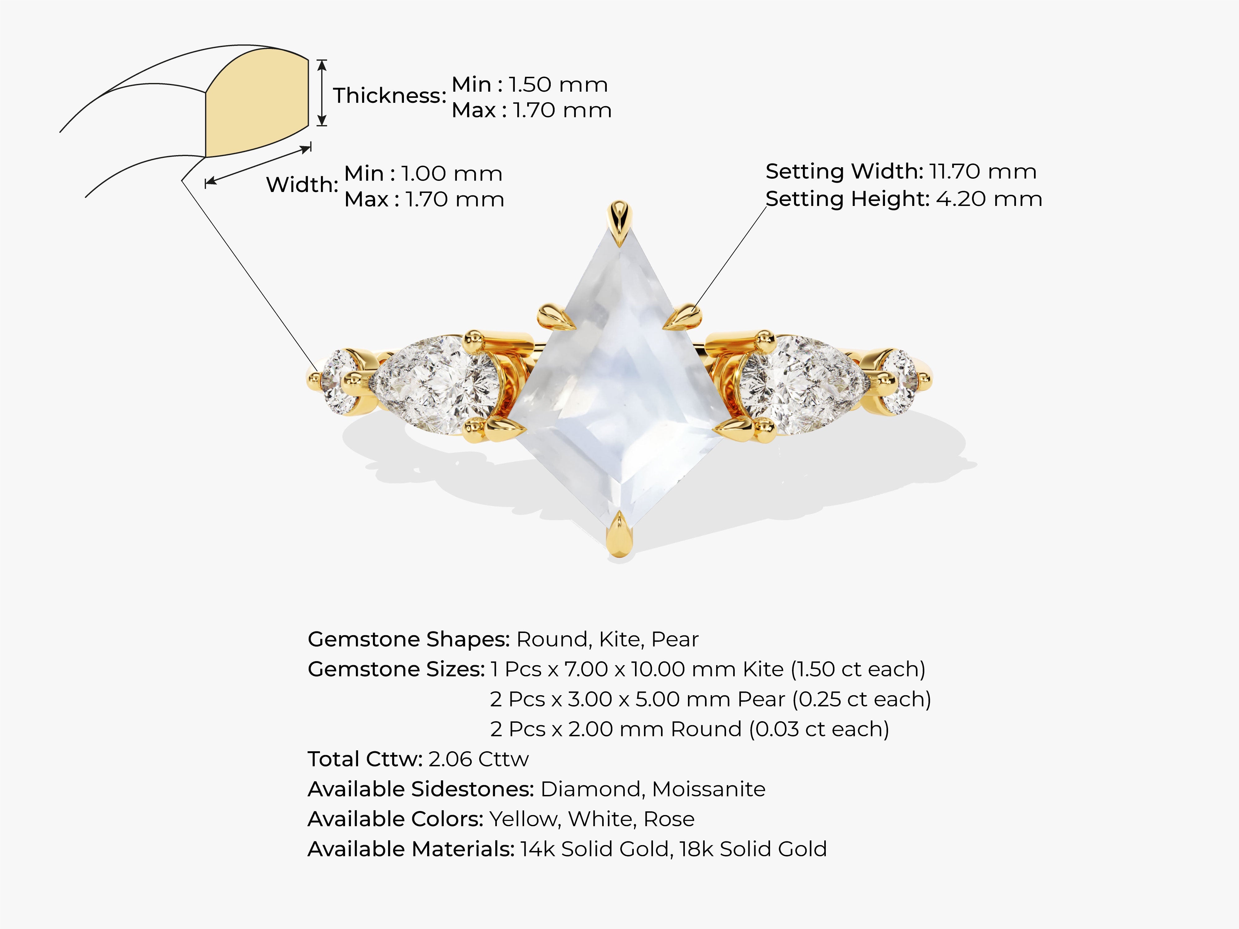 Kite Moonstone Engagement Ring with Pear Moissanite Sidestones