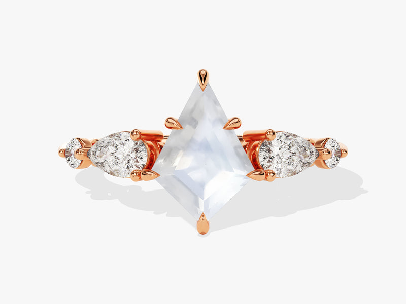 Kite Moonstone Engagement Ring with Pear Moissanite Sidestones