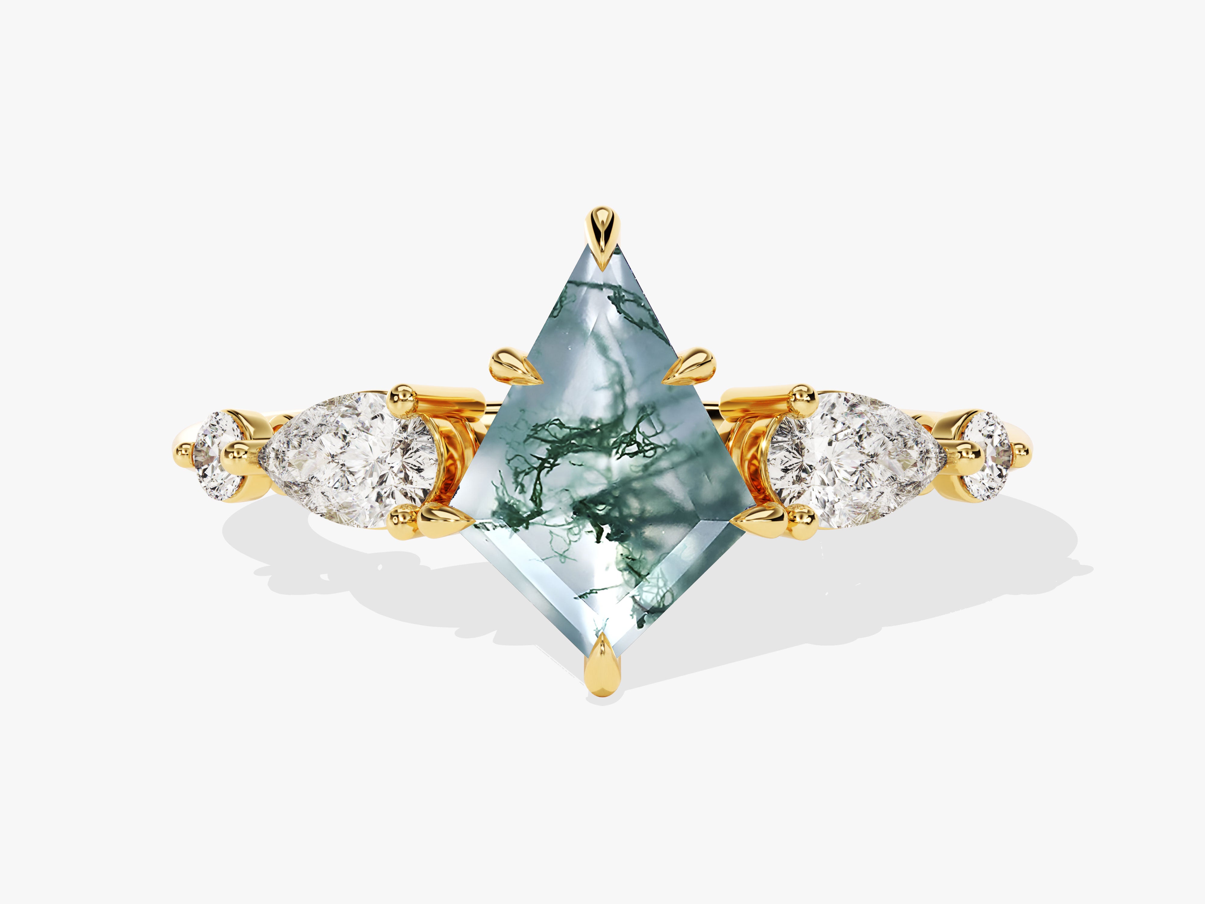 Gold ring with kite-cut moss agate and diamonds