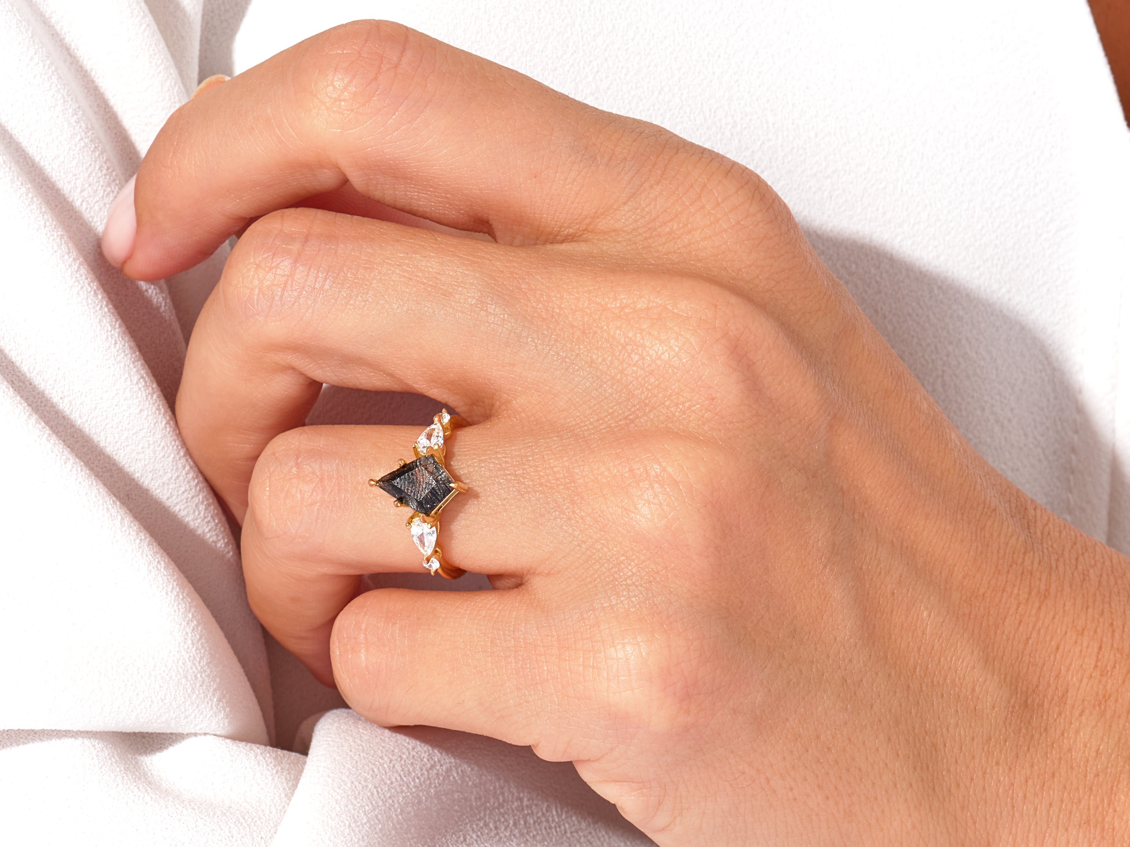 Kite Black Rutilated Quartz Engagement Ring with Pear Moissanite Sidestones