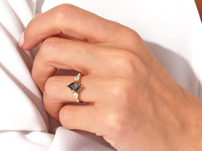 Kite Black Rutilated Quartz Engagement Ring with Pear Moissanite Sidestones