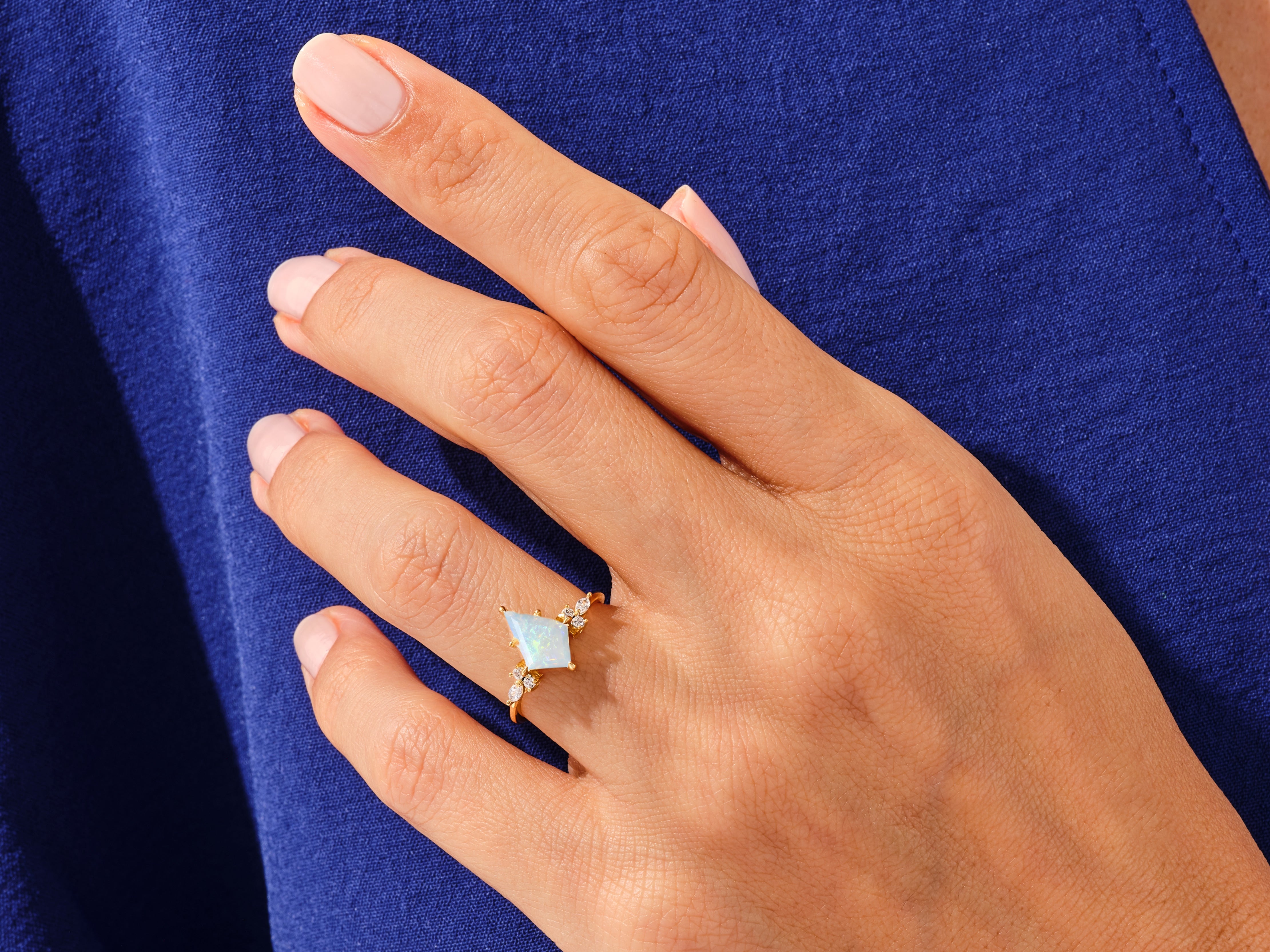 Kite Opal Engagement Ring with Marquise Moissanite Sidestones