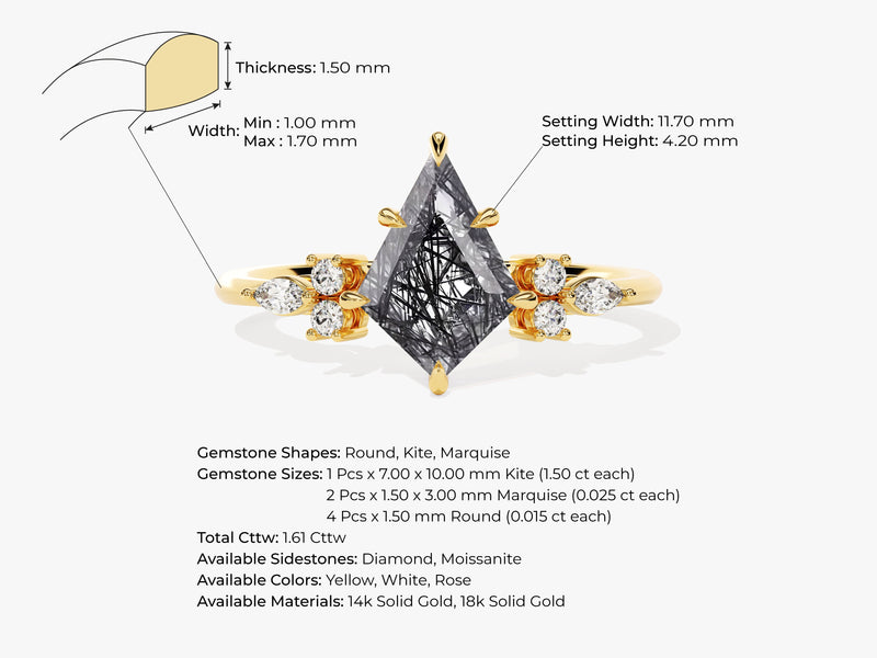 Kite Black Rutilated Quartz Engagement Ring with Marquise Moissanite Sidestones