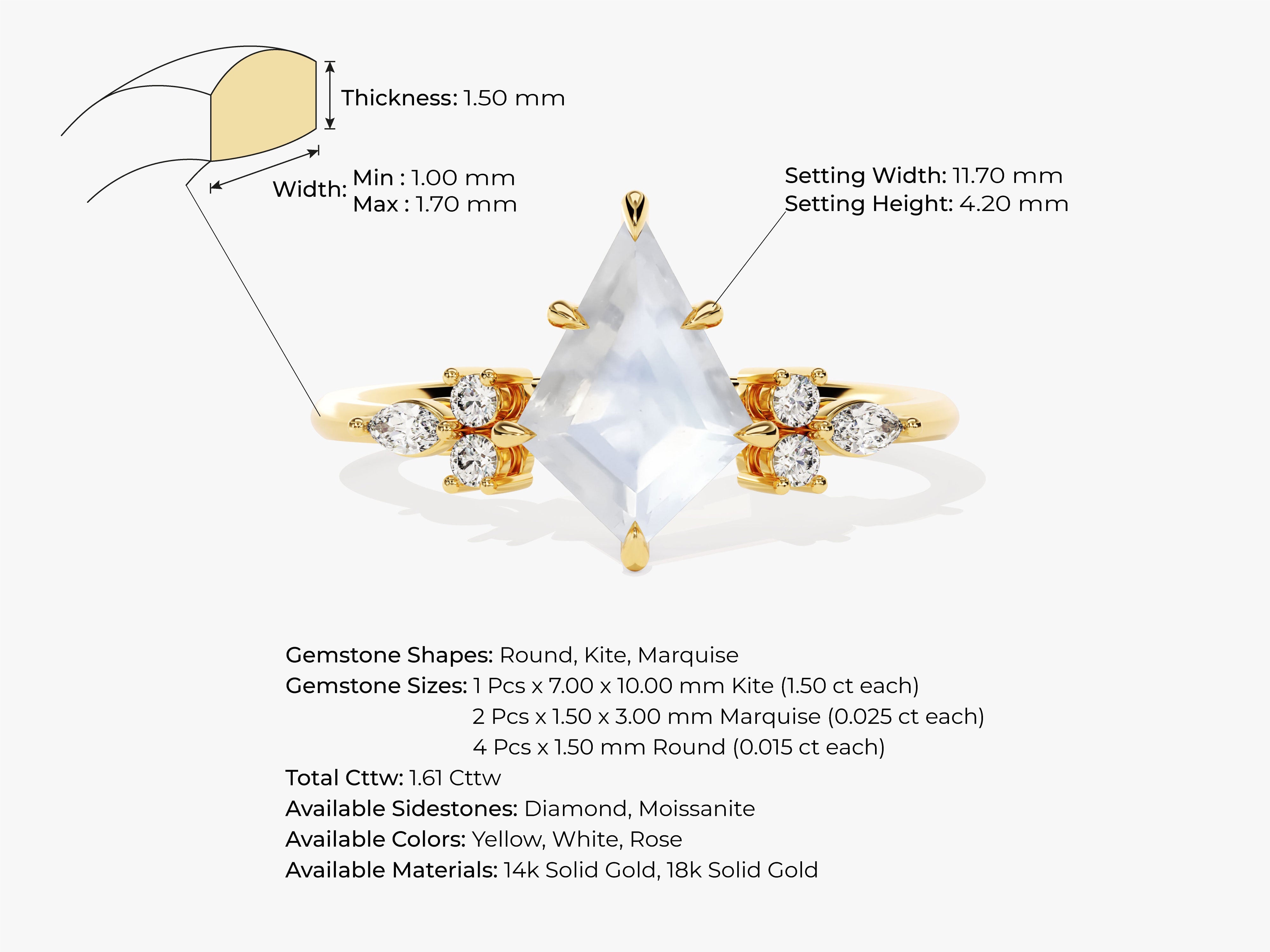 Kite Moonstone Engagement Ring with Marquise Moissanite Sidestones