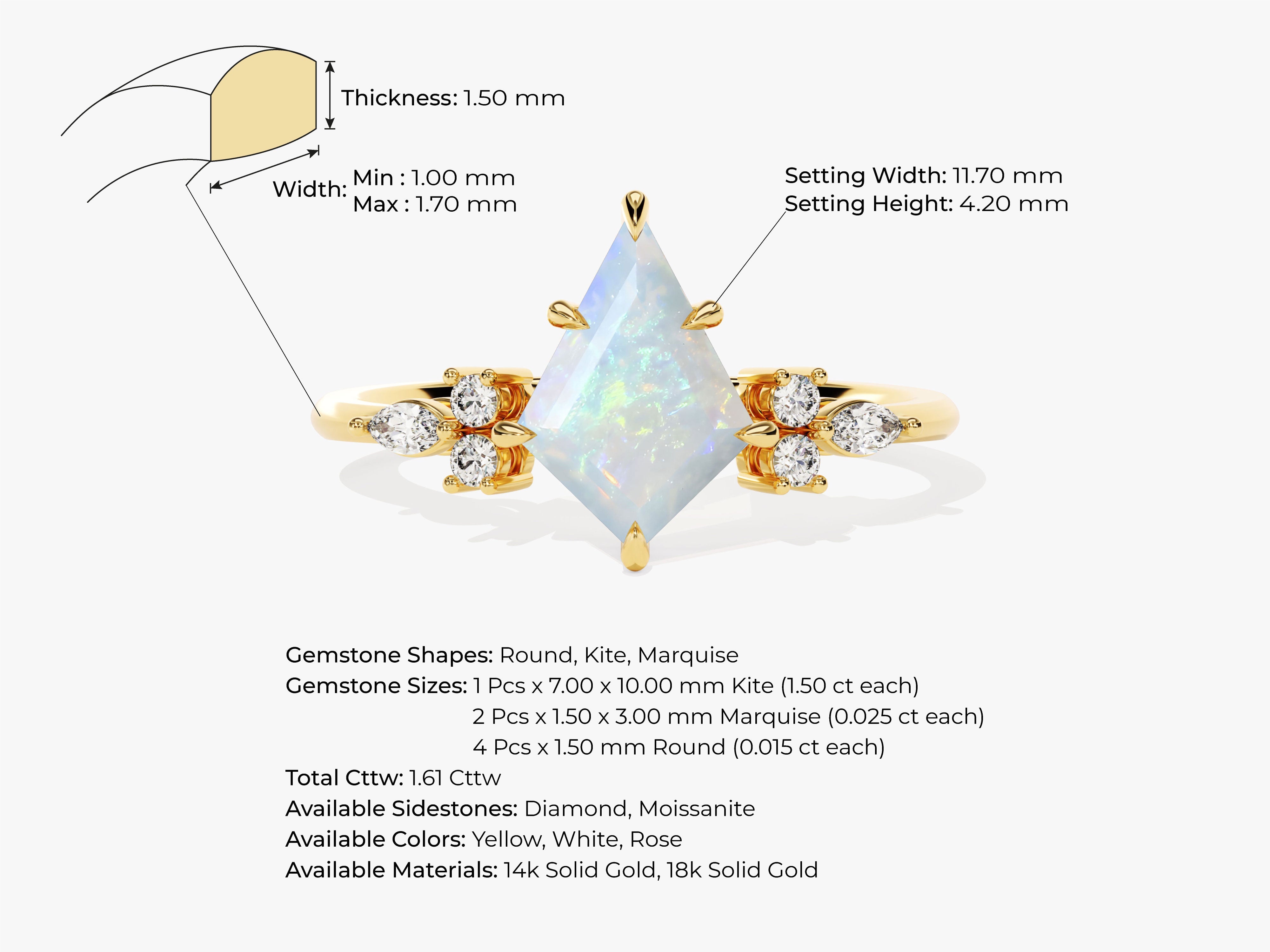 Kite Opal Engagement Ring with Marquise Moissanite Sidestones