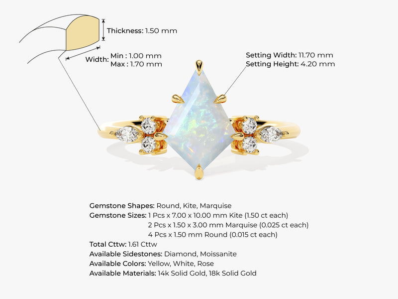 Kite Opal Engagement Ring with Marquise Moissanite Sidestones