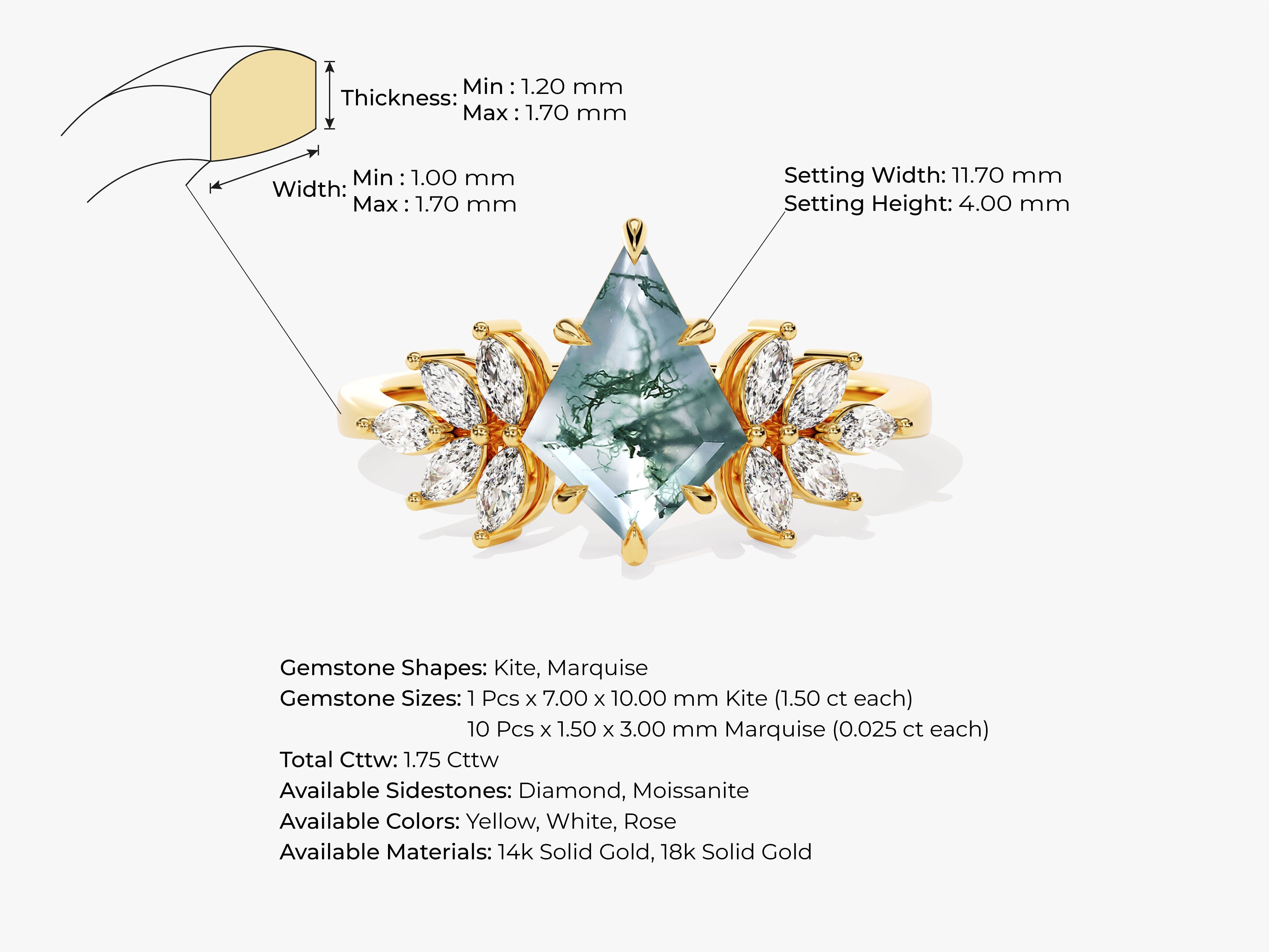 Kite Moss Agate Vintage Engagement Ring with Moissanite Sidestones
