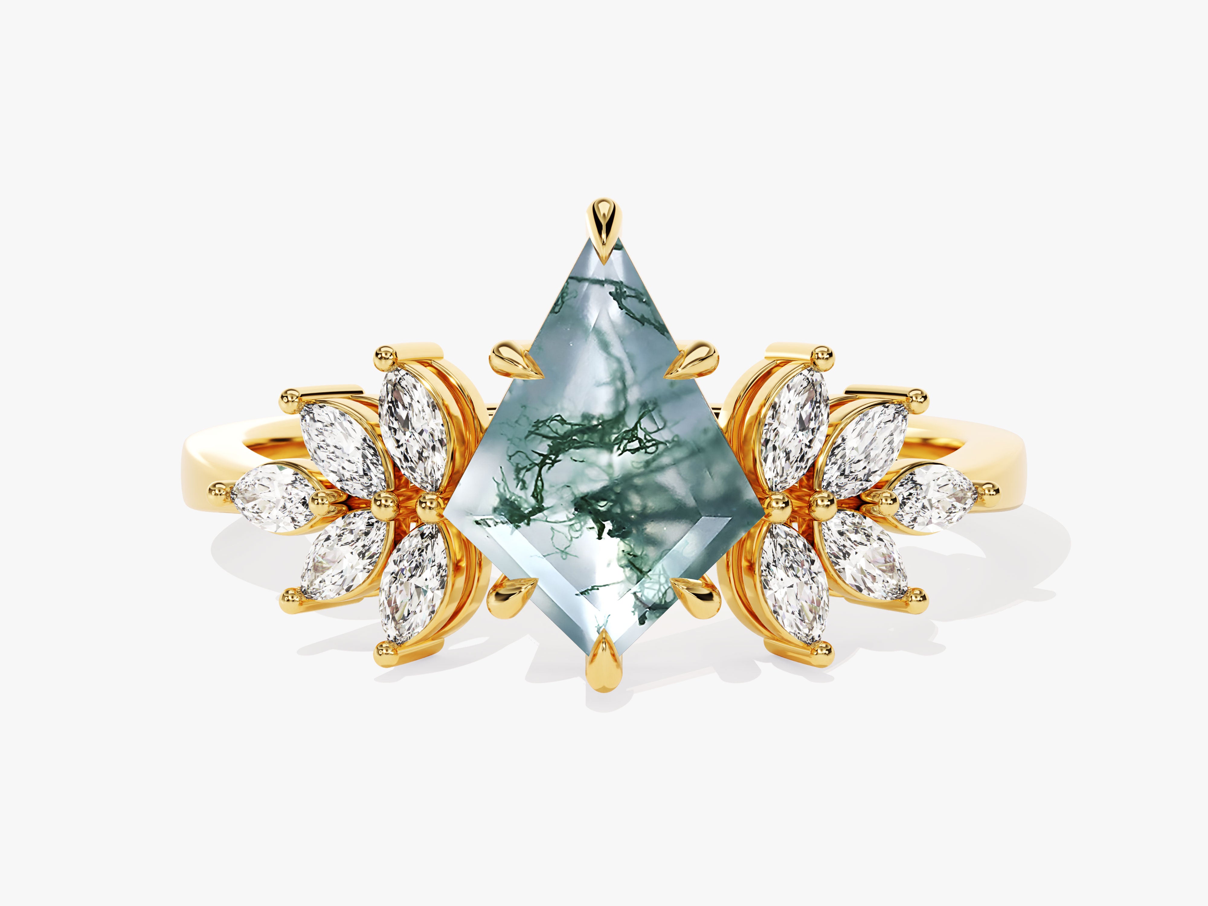 Gold ring with moss agate and marquise diamonds