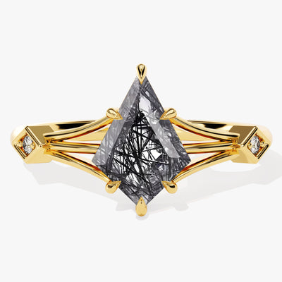 Kite Black Rutilated Quartz Split Shank Engagement Ring with Moissanite Accents