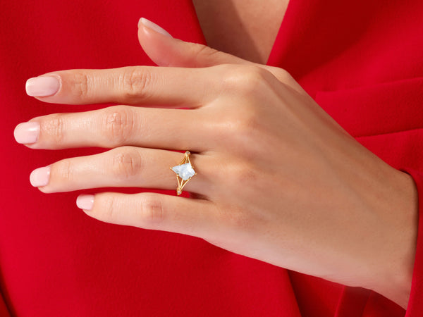 Kite Moonstone Split Shank Engagement Ring with Moissanite Accents