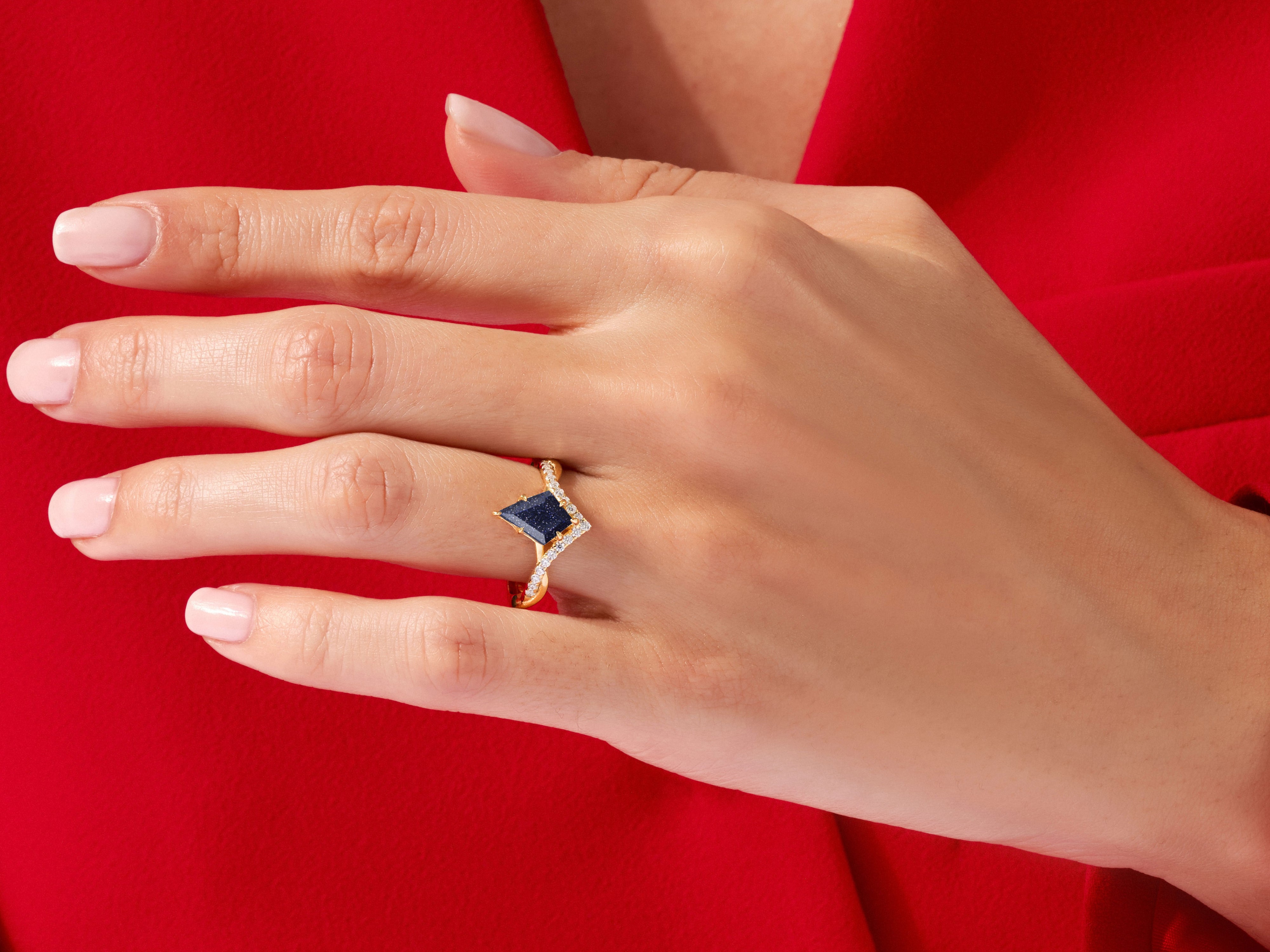 Kite Blue Sandstone Curved Engagement Ring with Moissanite Sidestones