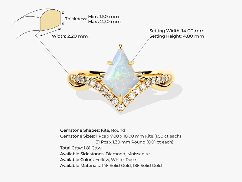 Kite Opal Curved Engagement Ring with Moissanite Sidestones