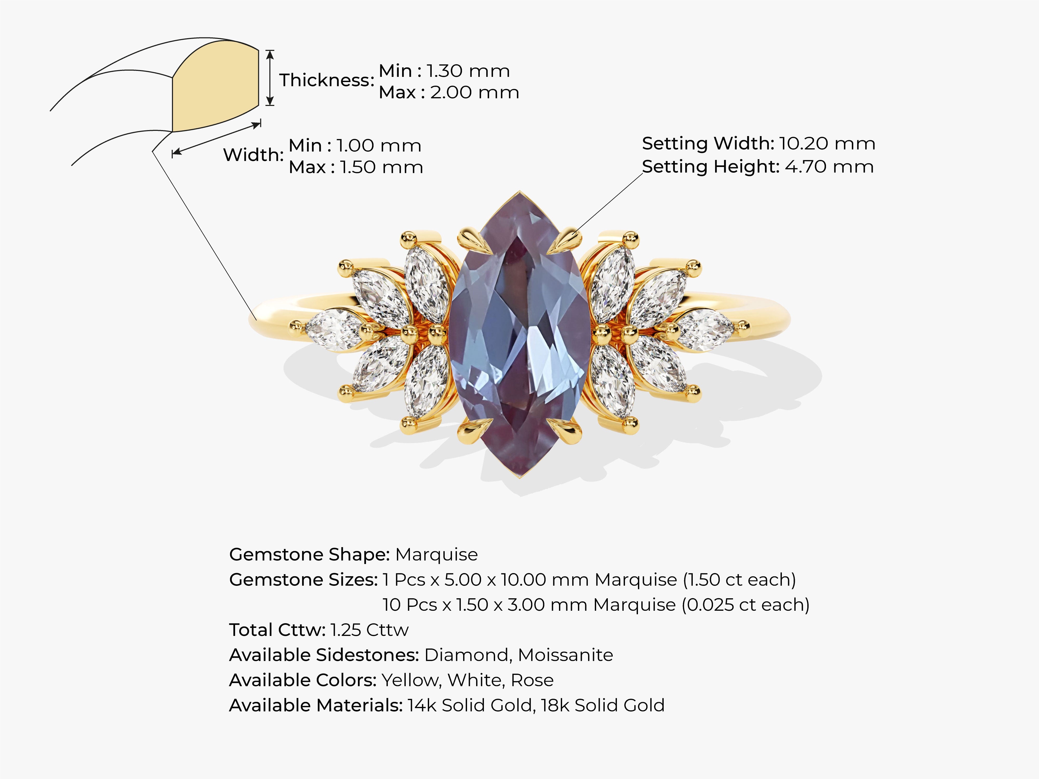 Marquise Lab Alexandrite Vintage Engagement Ring with Moissanite Sidestones