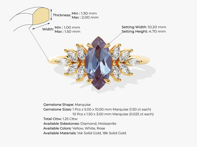 Marquise Lab Alexandrite Vintage Engagement Ring with Moissanite Sidestones