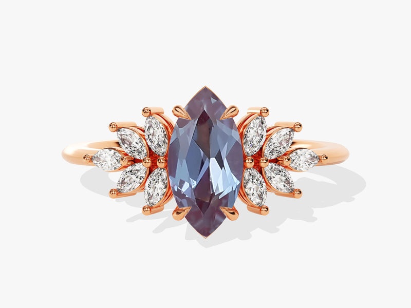 Marquise Lab Alexandrite Vintage Engagement Ring with Moissanite Sidestones