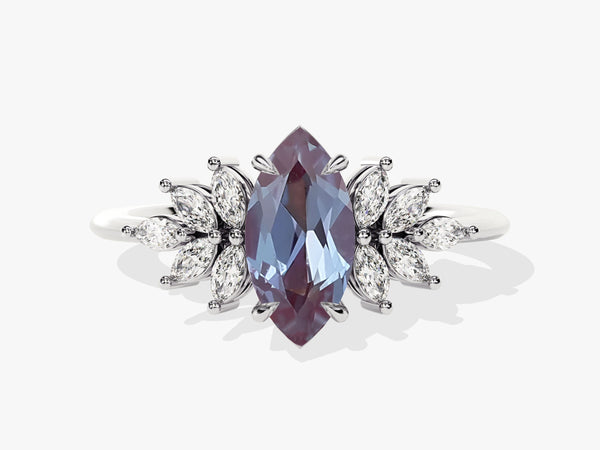 Marquise Lab Alexandrite Vintage Engagement Ring with Moissanite Sidestones