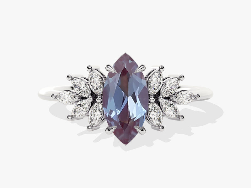 Marquise Lab Alexandrite Vintage Engagement Ring with Moissanite Sidestones
