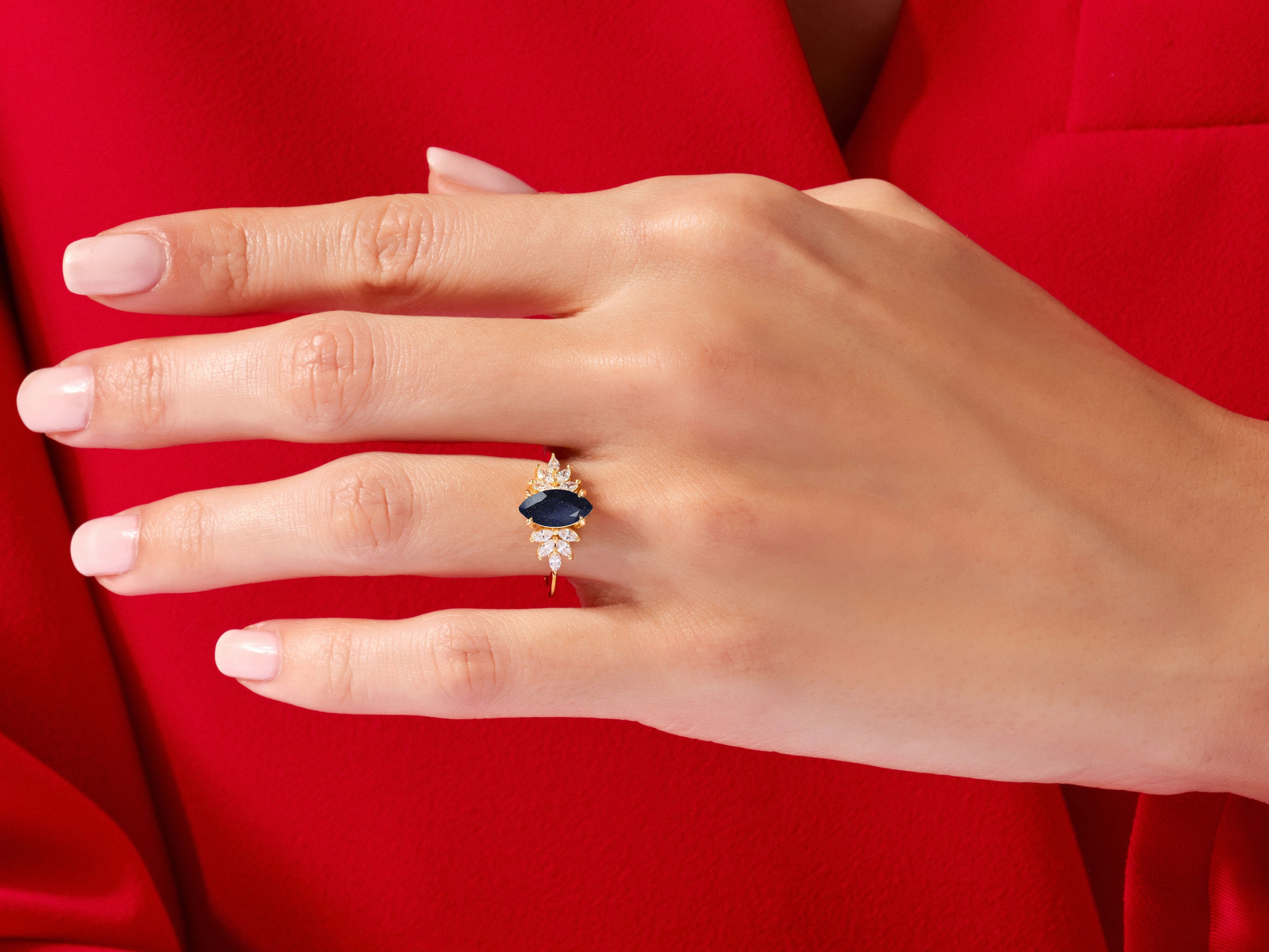 Marquise Blue Sandstone Vintage Engagement Ring with Moissanite Sidestones