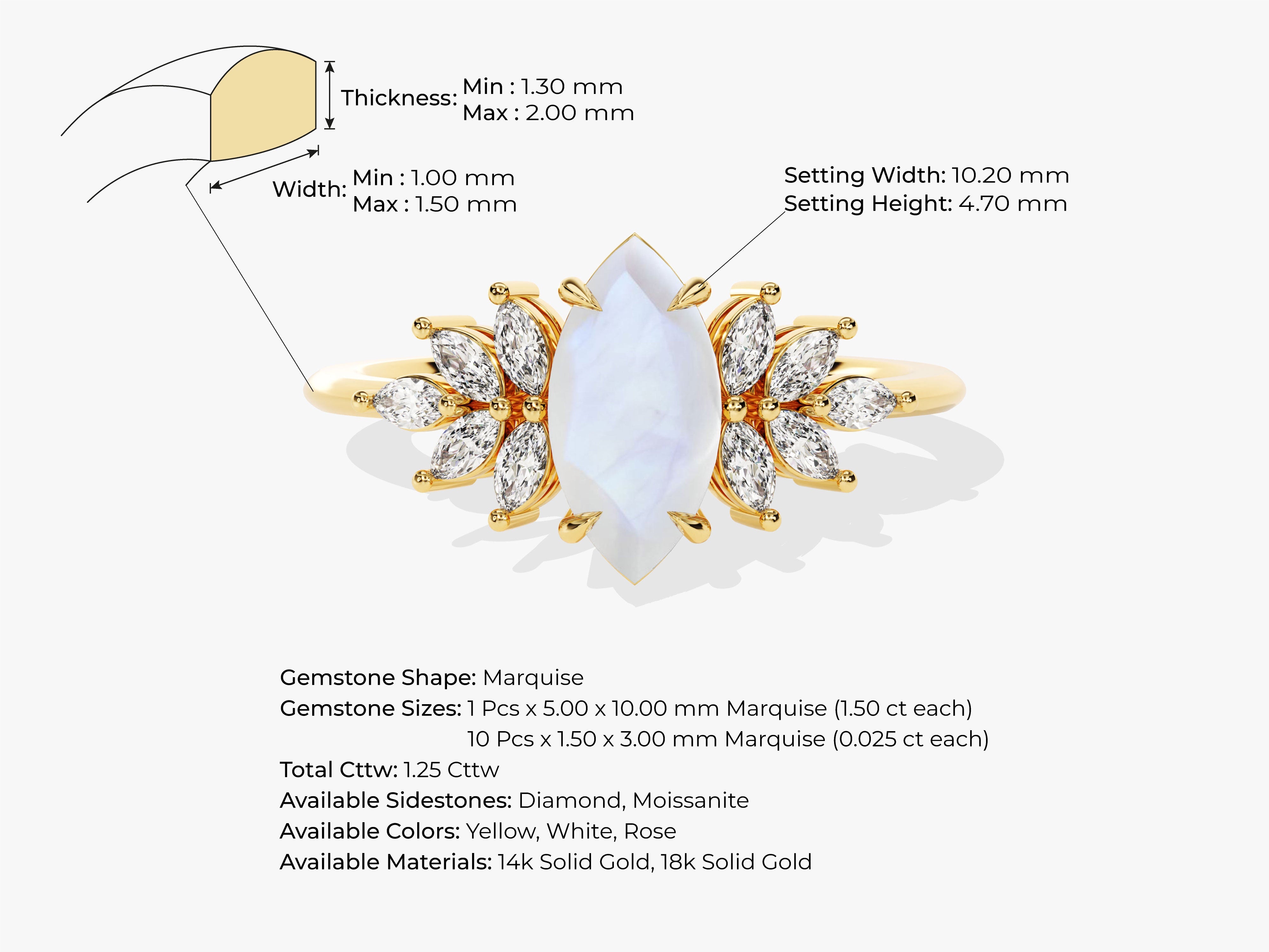 Marquise Moonstone Vintage Engagement Ring with Moissanite Sidestones