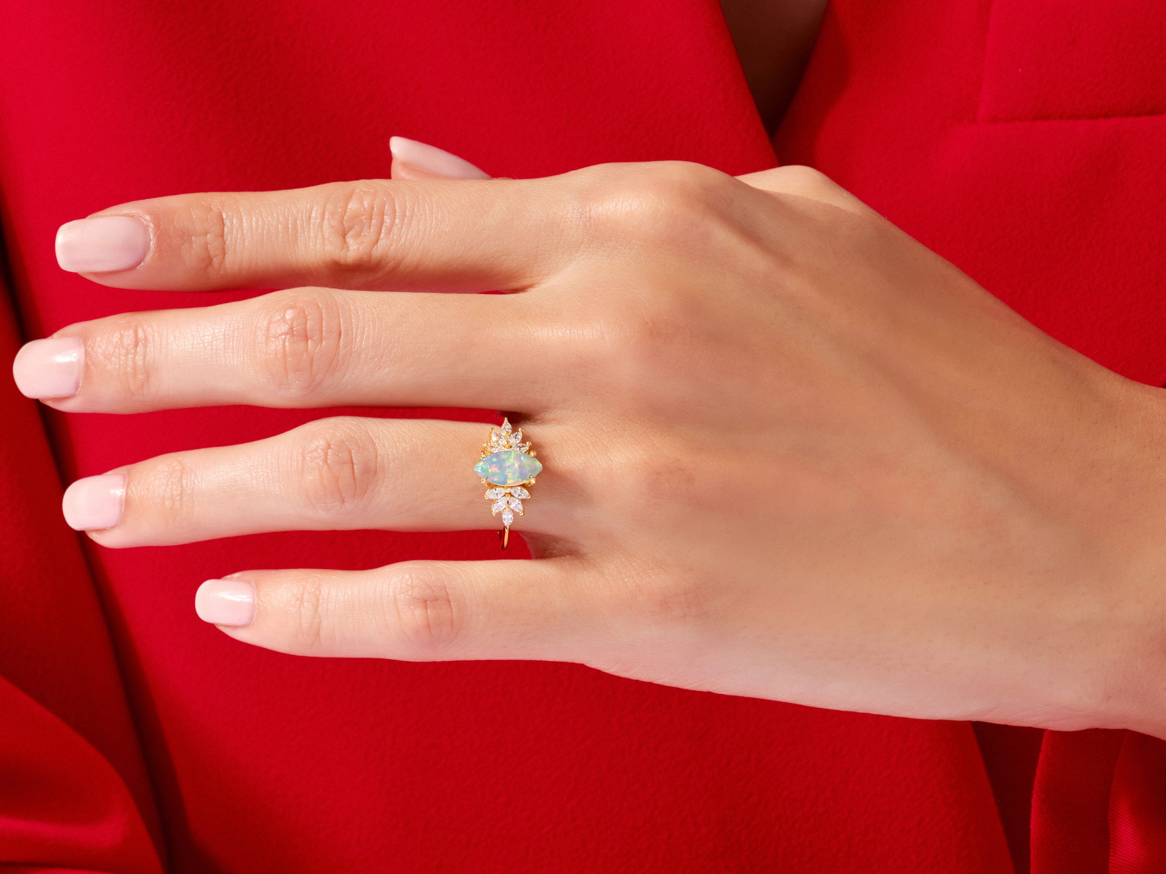 Marquise Opal Vintage Engagement Ring with Moissanite Sidestones