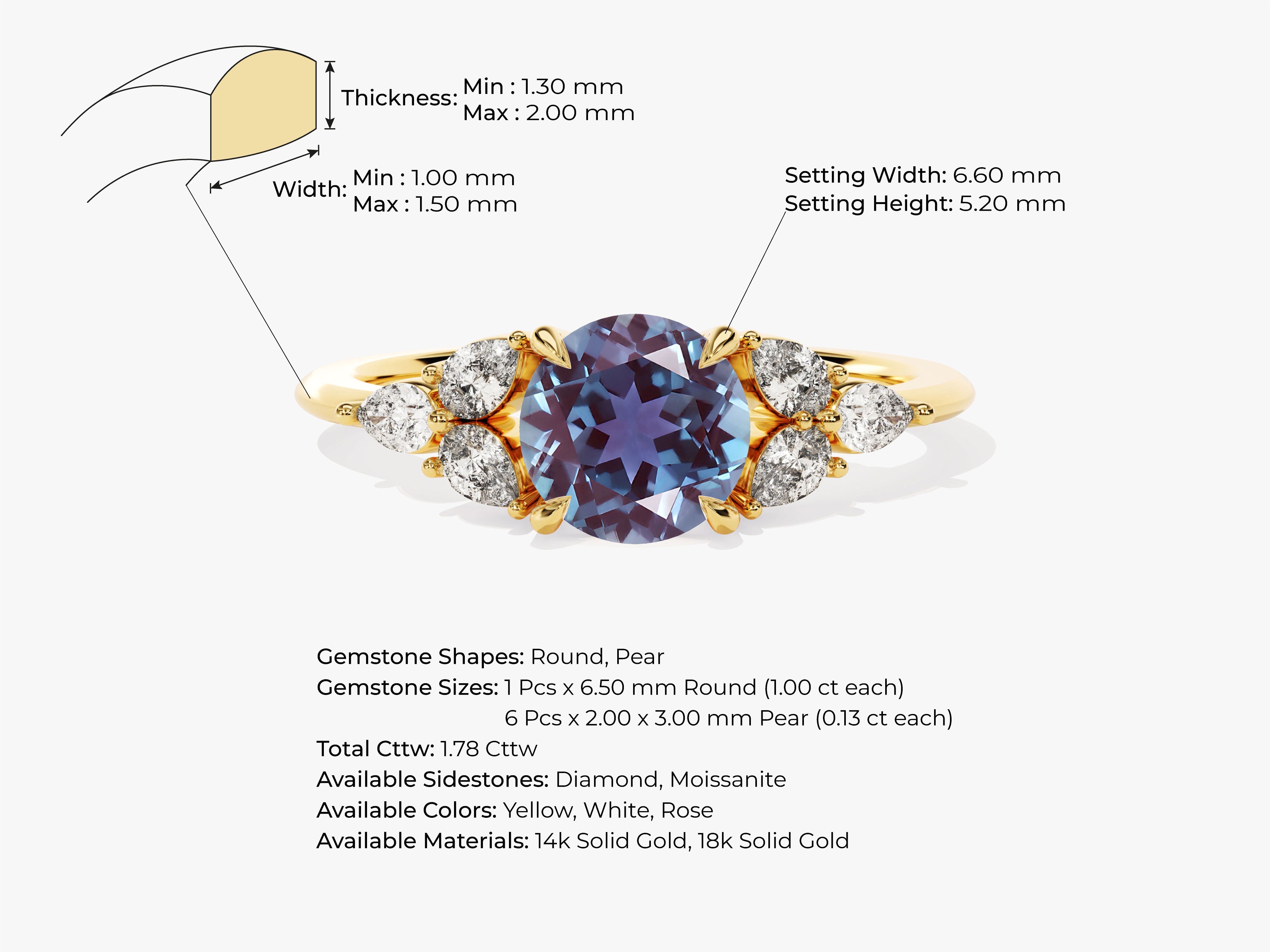 Round Lab Alexandrite Engagement Ring with Pear Moissanite Sidestones