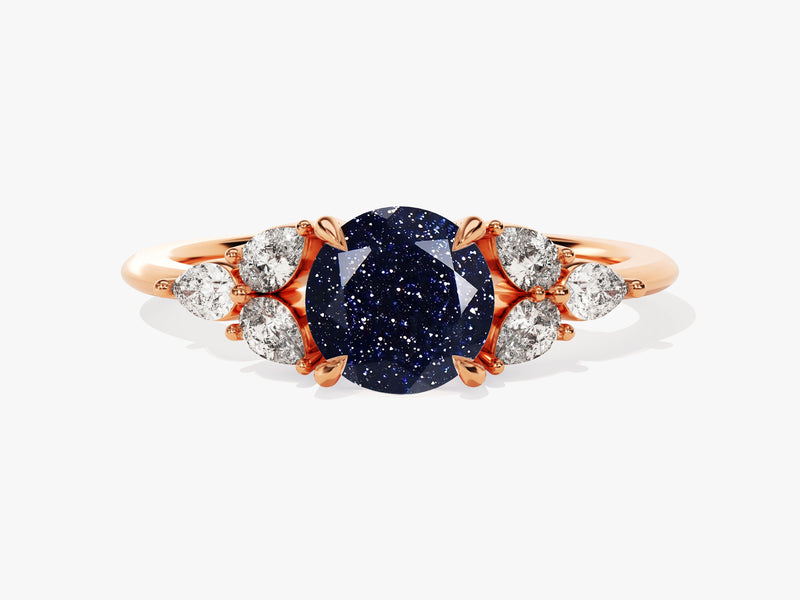 Round Blue Sandstone Engagement Ring with Pear Moissanite Sidestones