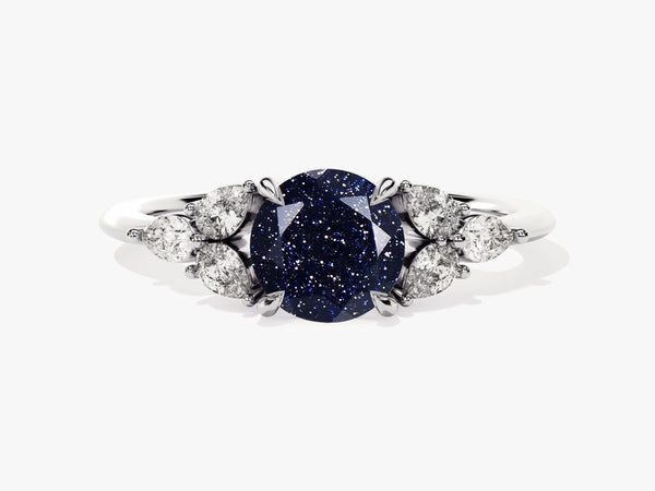Round Blue Sandstone Engagement Ring with Pear Moissanite Sidestones