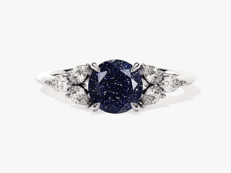 Round Blue Sandstone Engagement Ring with Pear Moissanite Sidestones