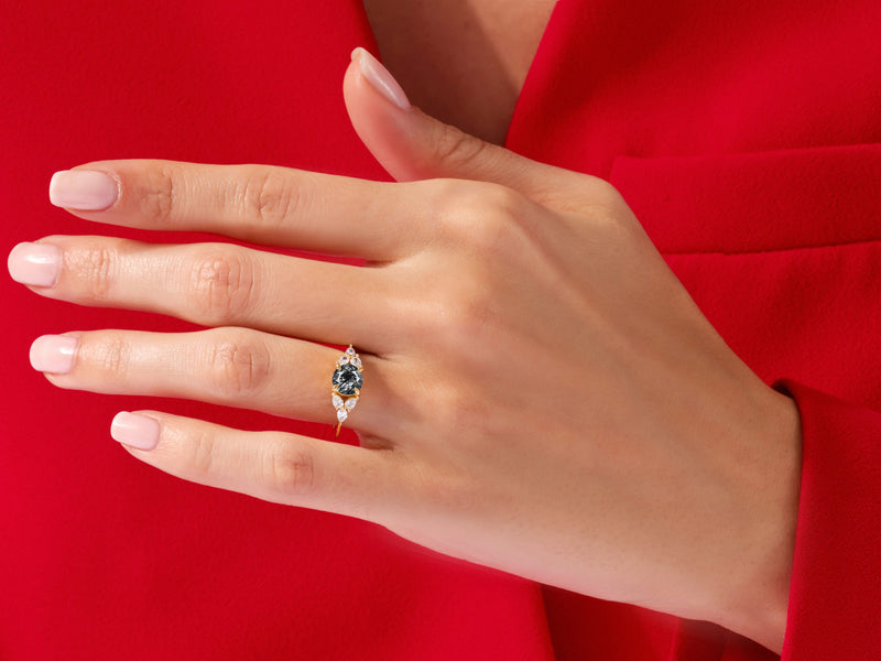 Round Black Rutilated Quartz Engagement Ring with Pear Moissanite Sidestones