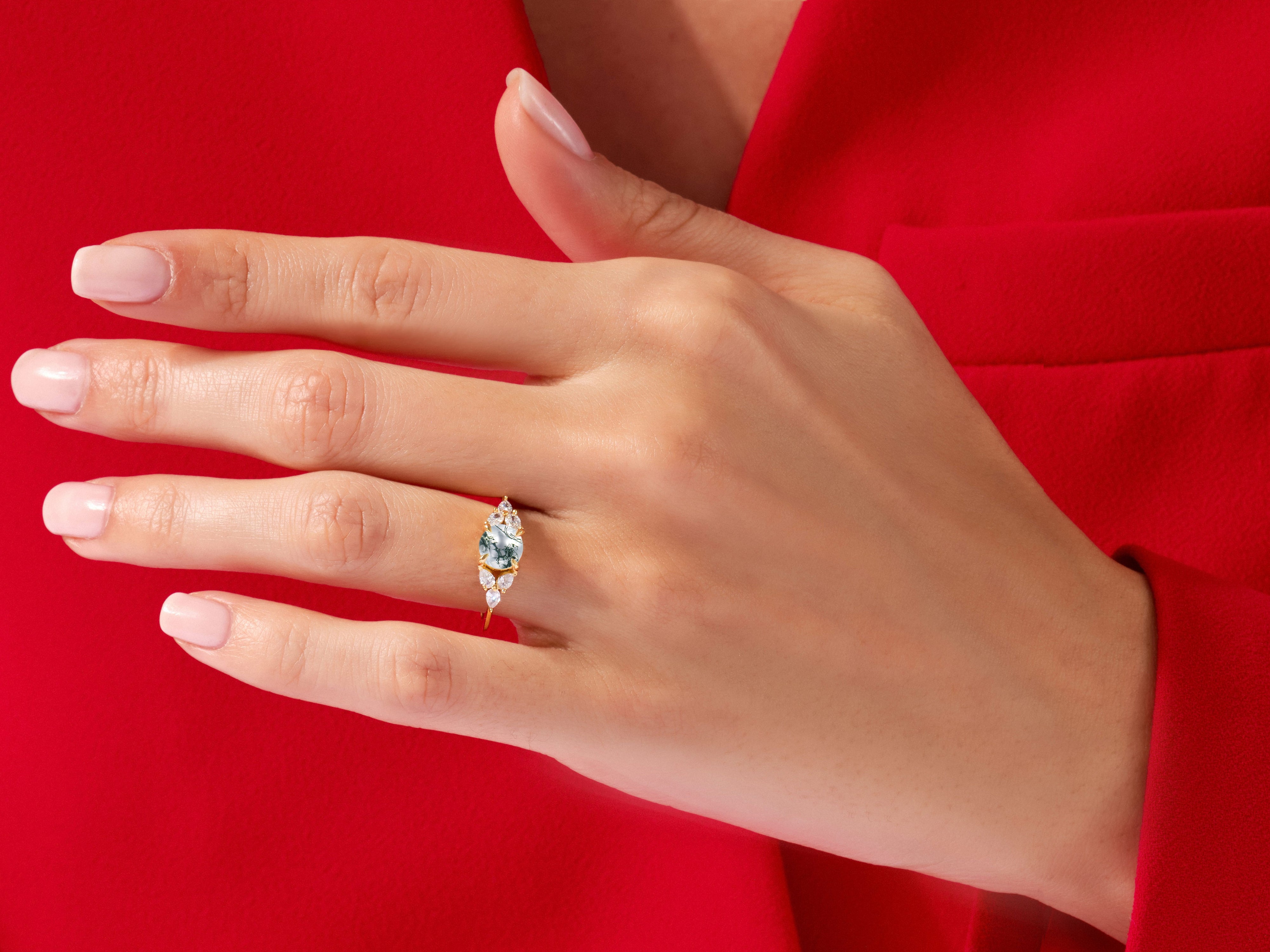 Round Moss Agate Engagement Ring with Pear Moissanite Sidestones